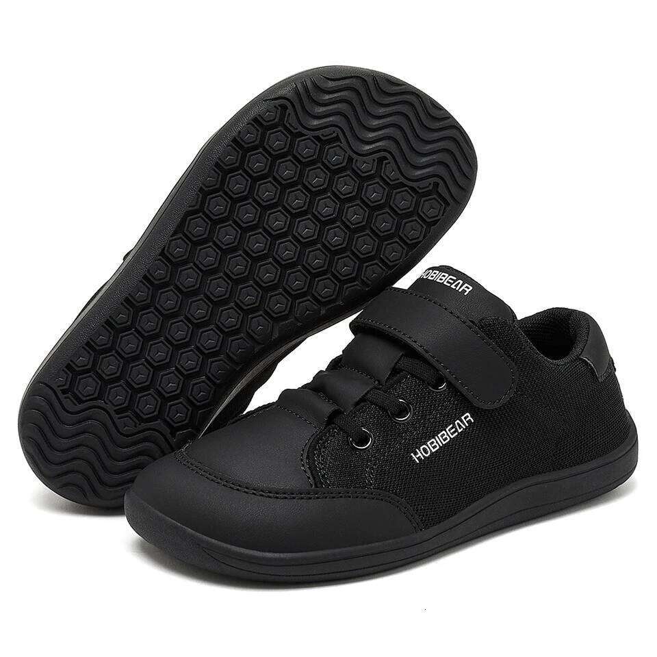 HOBIBEAR Kids Wide Toe Barefoot Boys Girls Minimalist Sneakers Lightweight Hook Loop Mesh Artificial Leather Shoes 26W0224