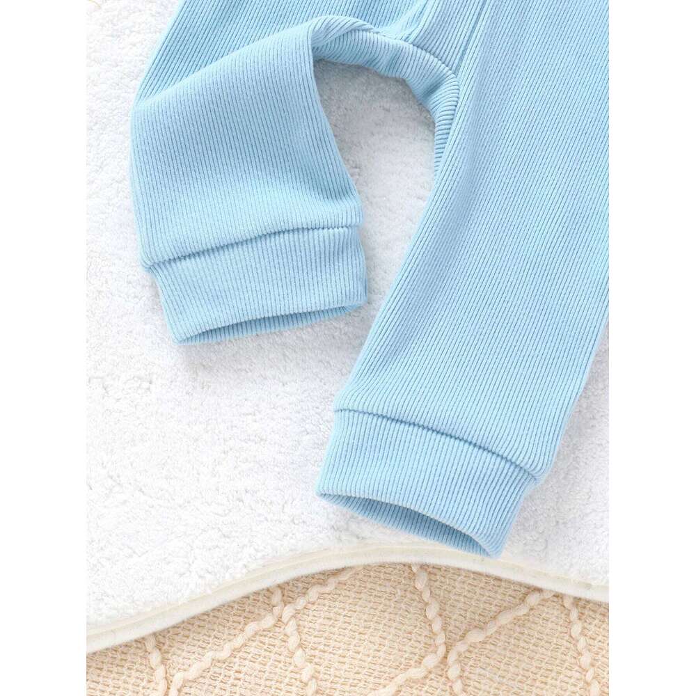 Infant Boy Autumn Ruffle Long Sleeve Cute Bear Applique Ribbed Bodysuit And Headband Two Piece Set 26H0224