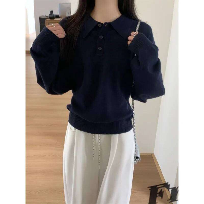 Retro Korean Polo Collar Women Autumn Winter Loose Top Pullover Sweater 26W0224
