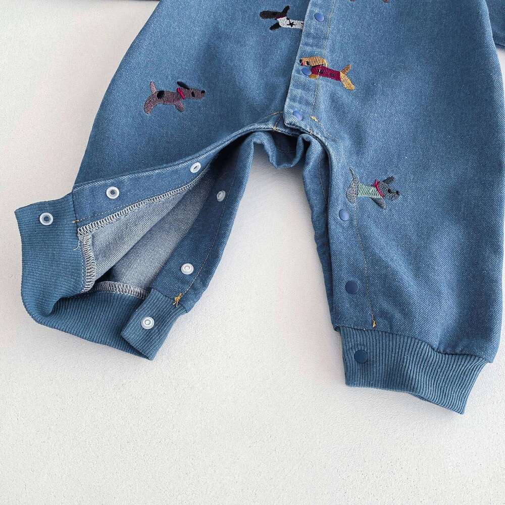 Baby one-piece suit, denim autumn wear, embroidered outdoor crawling for boys and girls, Hayi, first birthday clothes fo 26H0224