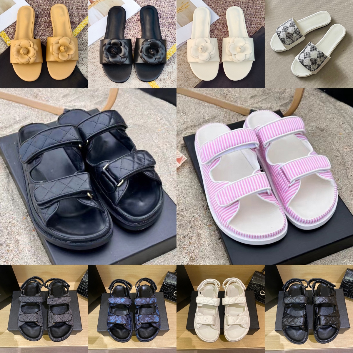 Metallic Designer Slippers Women Luxury Sandals Flat Slides Fashion Letters Crystals Denim Black White Pink Beige Lady Spring Summer Beach Casual Flip Flops Sucffs