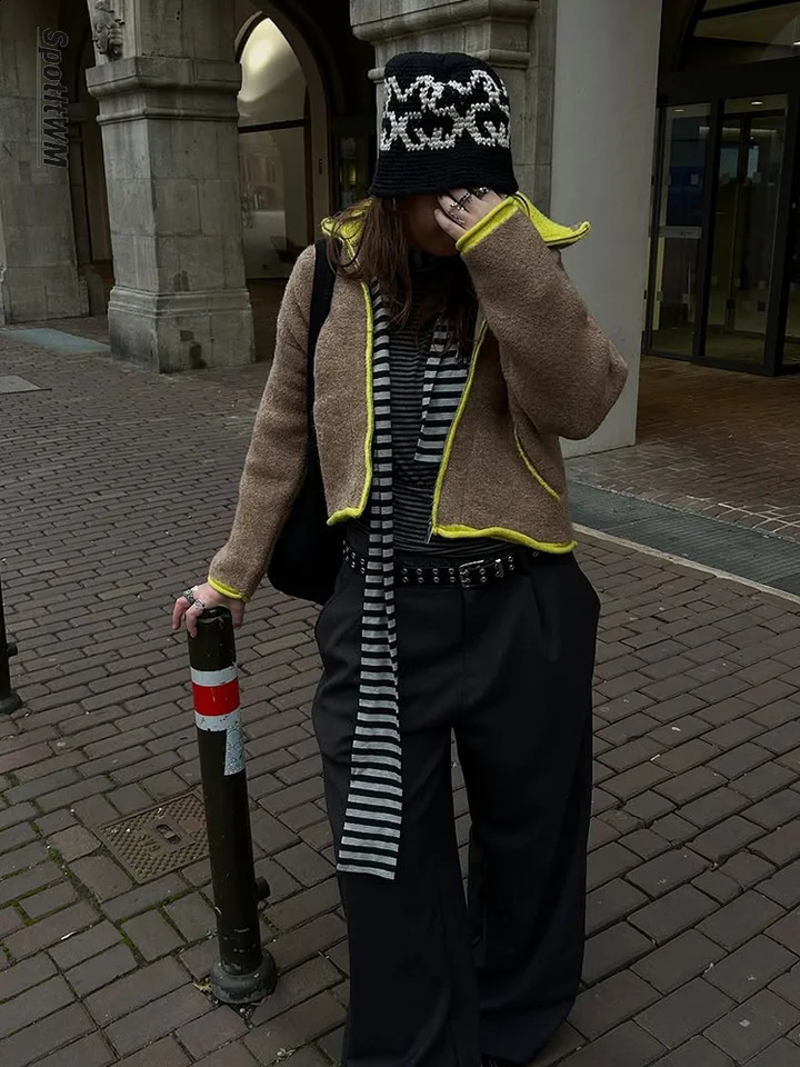 Fashion Solid Plush Zipper Cardigan Women Chic Stand Collar Pocket Loose Short Sweater Coat Female Commute Street Outerwear 260126