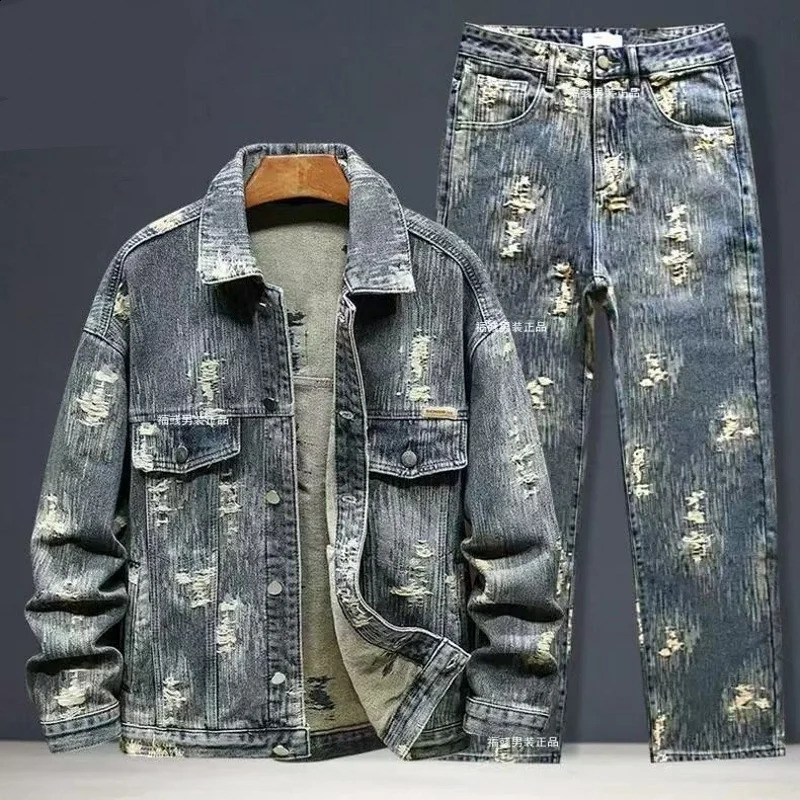 Spring Autumn American Denim Coats Set Classic retro Cowboy Jeans Trendy TwoPiece Sets Versatile Outerwear Casual Jacket 260209