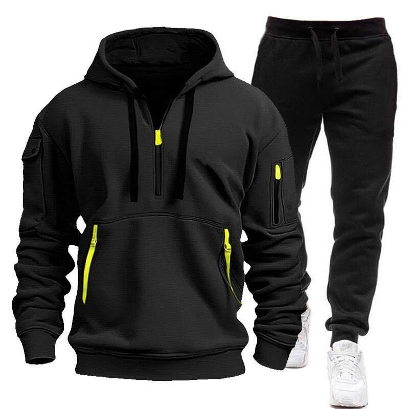 New Spring Autumn Men's Hoodie Set with Zipper Multiple Pockets, Pullover Sweatshirt for Sports and Casual Wear