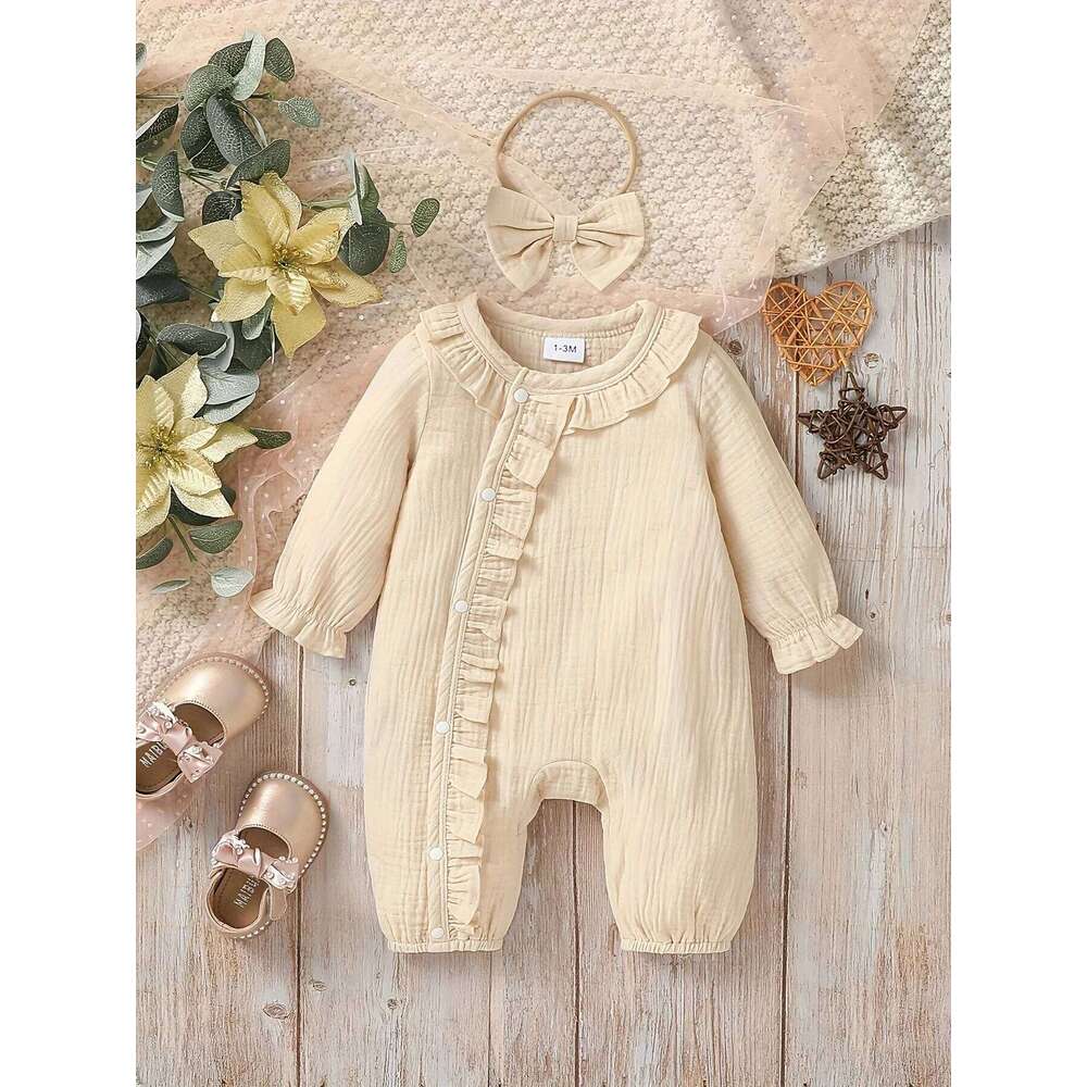 Baby Girl's Cotton Newborn Long Sleeve Autumu Solid Casual Jumpsuit Preppy Style +Headband 26H0224