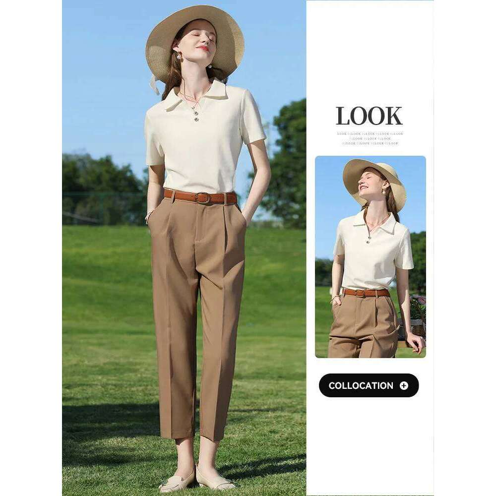 I BELIEVE YOU Women T-Shirt Summer New Slimming Apricot French Polo V-Neck Pique Breathable Commuting Short Sleeve 2252015950 26W0224