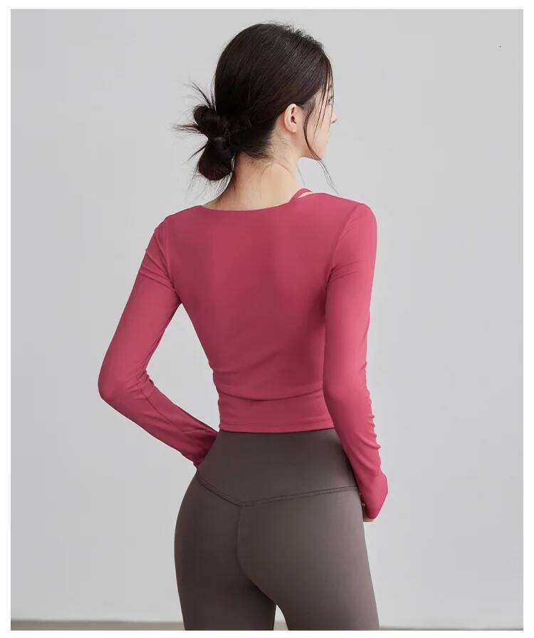 Yoga Clothes Fake Two-piece Slimming Tops with Chest Pads Professional Pilates Training Fitness Long Sleeves for Women 26Y0224