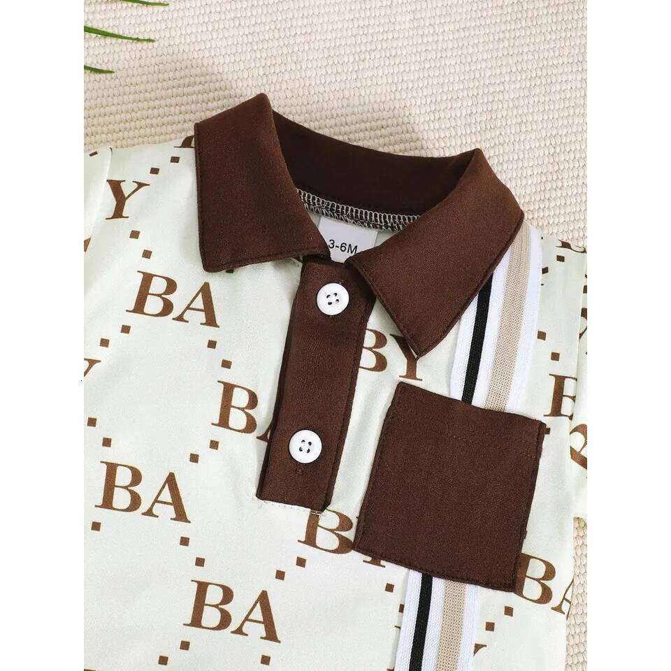 1-24 Months Newborn Baby Boy Fashion Romper Short Sleeved Flip Collar Letter Print Light Luxury Jumpsuit Toddlers Summer Clothes 26Y0224