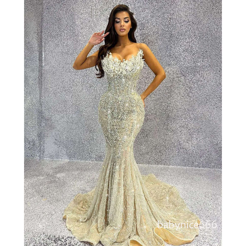 Sparkly Mermaid Evening Sleeveless V Neck Beaded Appliques Sequins Pearls Diamonds Floor Length Prom Dresses Formal Plus Size Gowns Party Dress BC1876