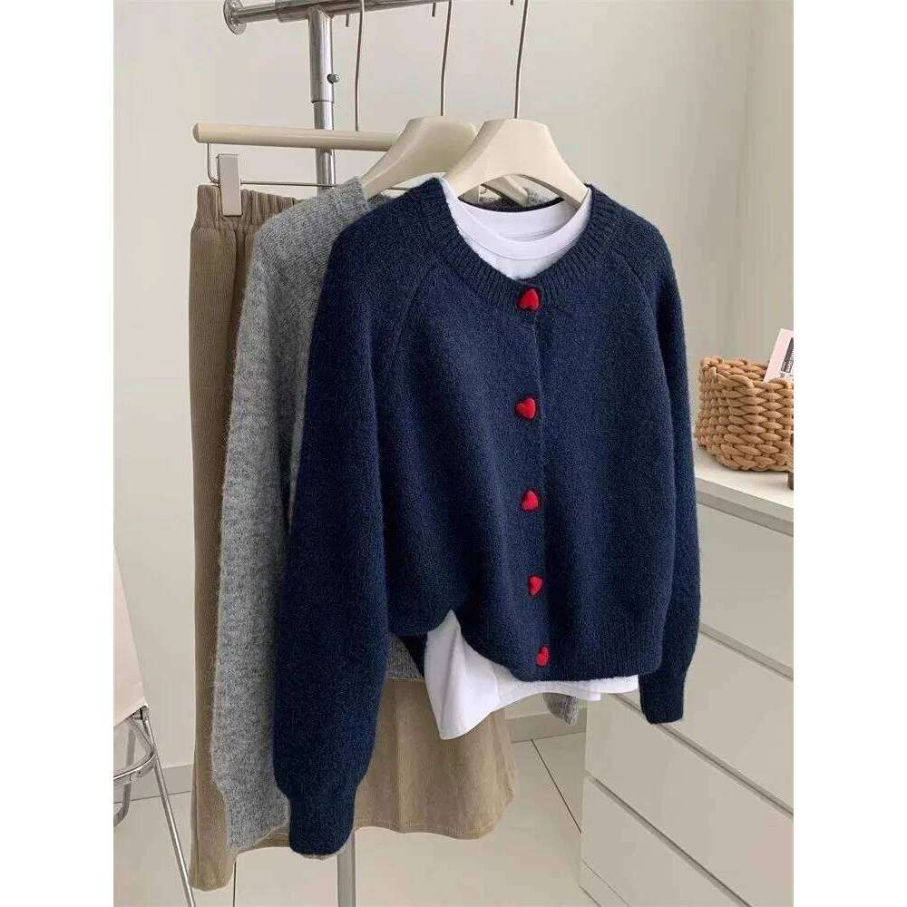 Deep Grey Wool Knitted Cardigan For Women 2026 Autumn Winter Soft And Sticky Warm Love Buckle Shoulder Sleeves 26L0224