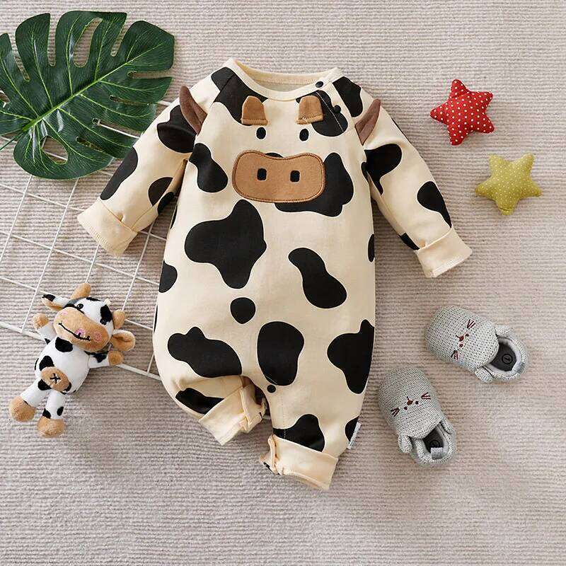 Newborn Baby Boys Fashion Spring autumn cotton Clothes Long sleeves and Round Collar 3D Cow print Jumpsuit 0-12 months 26H0224