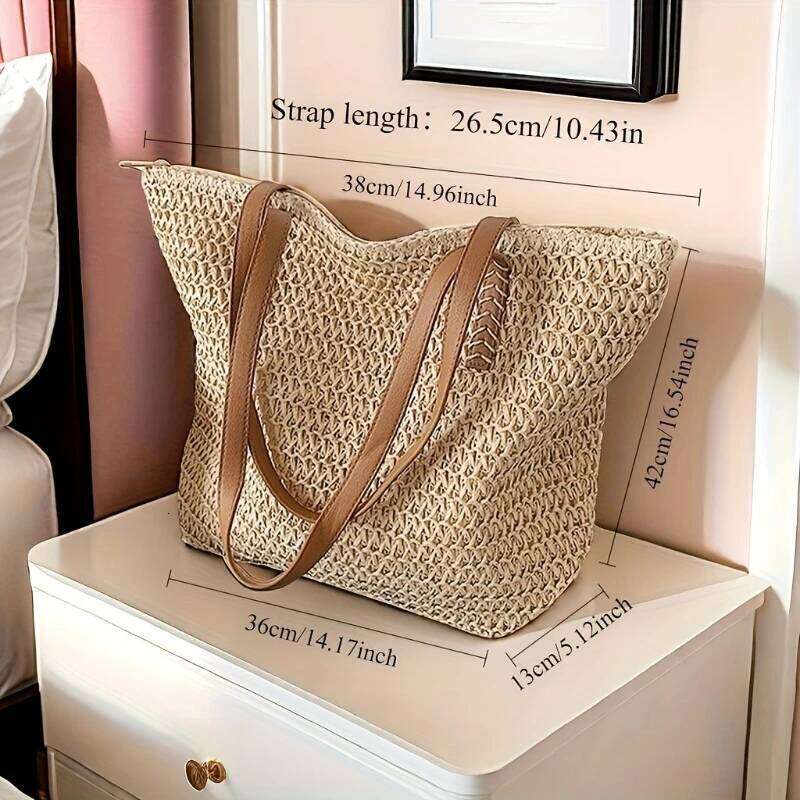 Fashionable and Versatile Women's Woven Bag with Zipper for Travel, Large Capacity Beach Bag, Handbag Z260224