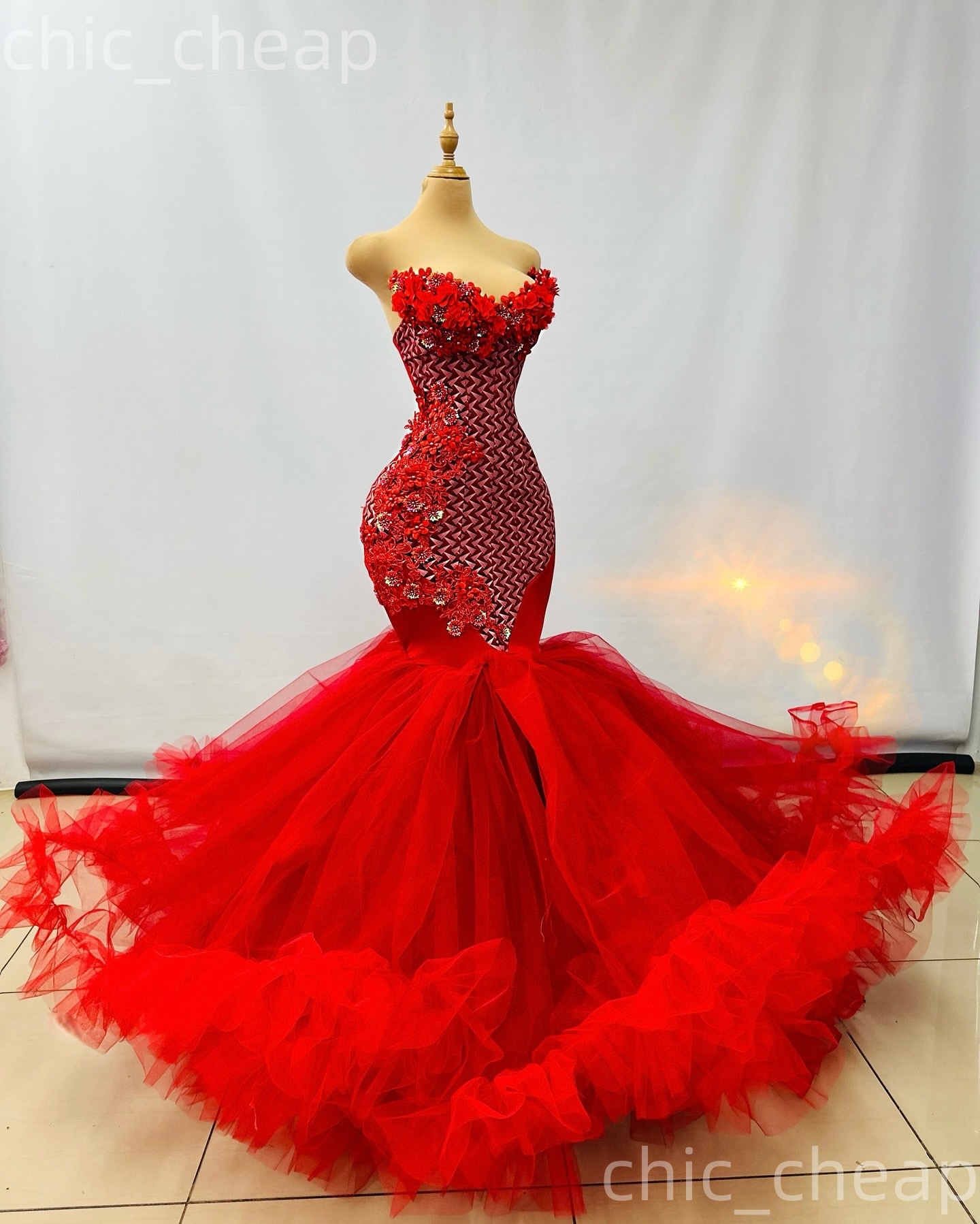 Aso Ebi Red Mermaid Prom Dresses 2026 Printed Flowers Lace Tulle Evening Formal Party Second Birthday Engagement Gowns Dress For Special Occasions ZJ0