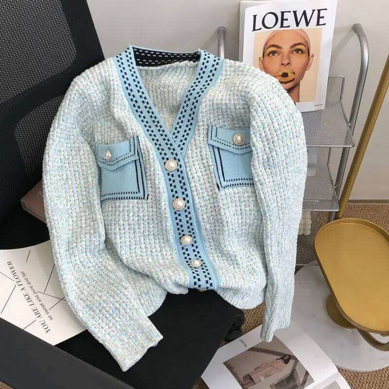 Xiaoxiangfeng Contrasting Color Knitted Cardigan Women's Spring and Autumn V-neck Top Pearl Button Sweater Jacket 26L0224