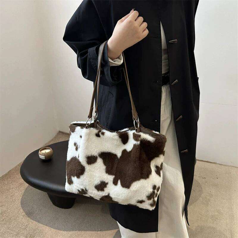 Large Capacity Shopper Bags For Women Winter Travel Tote Cow Printing Plush Shoulder Bag Ladies Handbag Bolsos Z260224