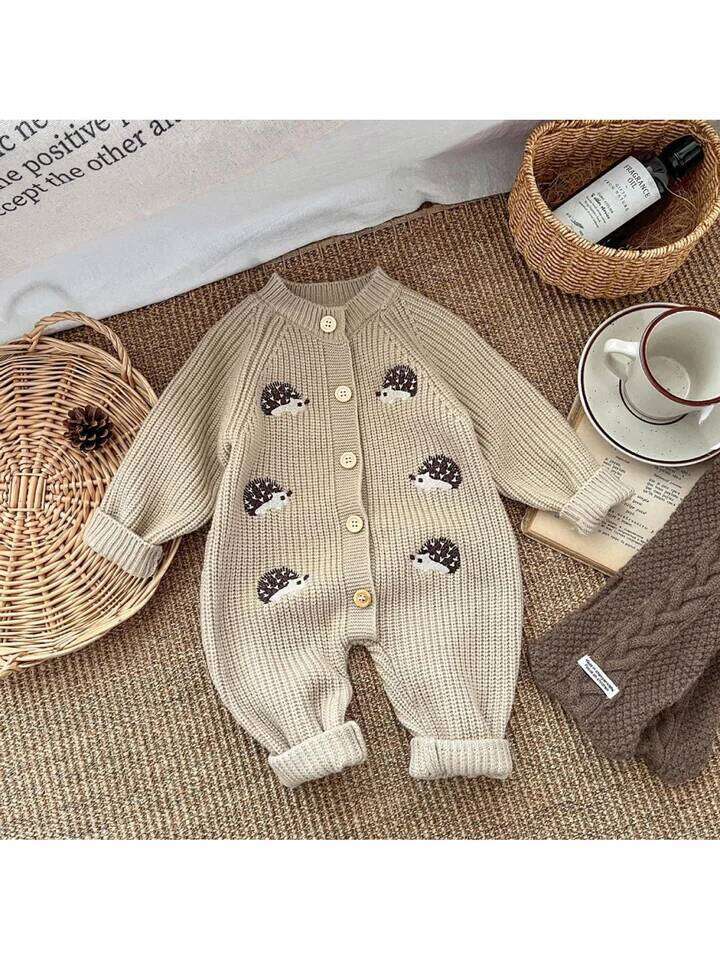 Korean Style Spring and Autumn Clothes Baby Jumpsuit Super Cute Little Hedgehog 100-Day Knitted Crawling Suit for Going Out 26Y0224