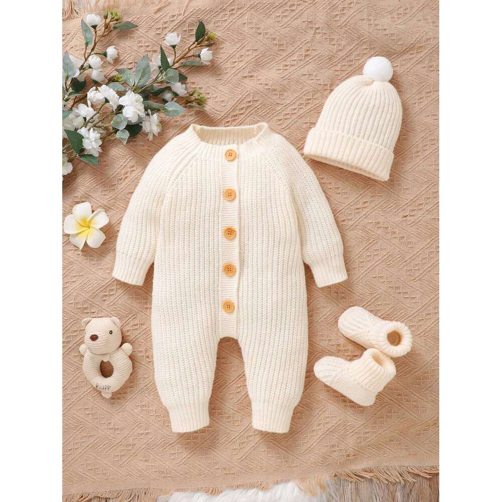 Winter Baby Clothes Beige Long Sleeve Knitted Rompers+Hats+Shoes 3pcs for Newborn Boys Girls Outwear Outfits Sets 0-9M 26H0224