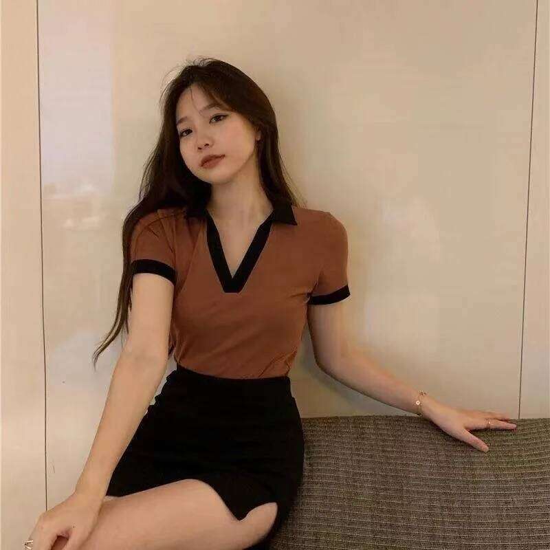 Summer Fashion Y2K T-shirt Woman Patchwork Polo Tee Shirt Femme Sexy OL Clothes Women Short Sleeve V-neck Tshirts Tops 26W0224