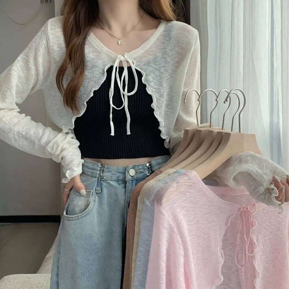 Thin Sunscreen Cardigan Lace-up Knitwear Tops Summer Women Korean Style Lantern Sleeve Short Coat Casual Sun Protected 26L0224