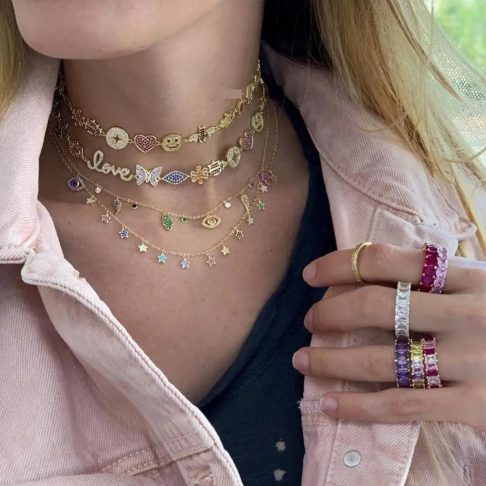 Women Fashion jewelry Micro pave colorful cz lucky charm link chain cute animal eye statement necklace 260206