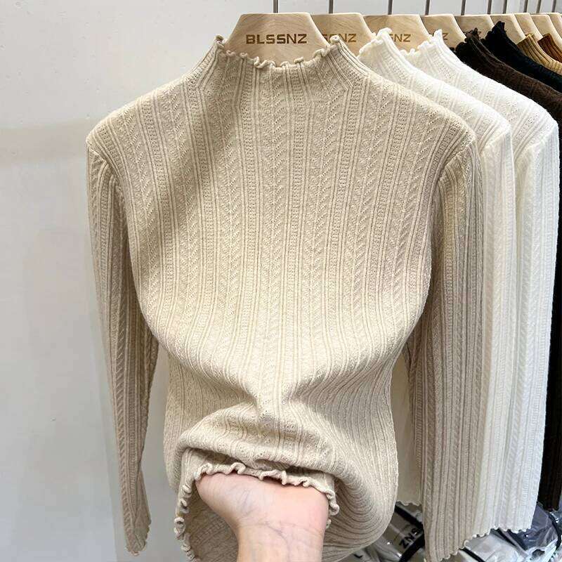 2025 Autumn Winter Ruffled Collar Women Sweater Fashion Solid Pullovers Knitted Tops Ladies Long Sleeved Base Layer Jumpers 26L0224