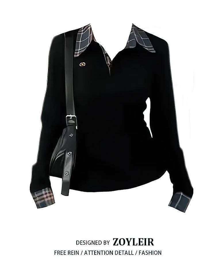 Preppy Polo Neck Knit Plaid Long sleeve T shirt Women False 2 Piece Basic Top V neck Button Blouses Tees 2025 New 26W0224