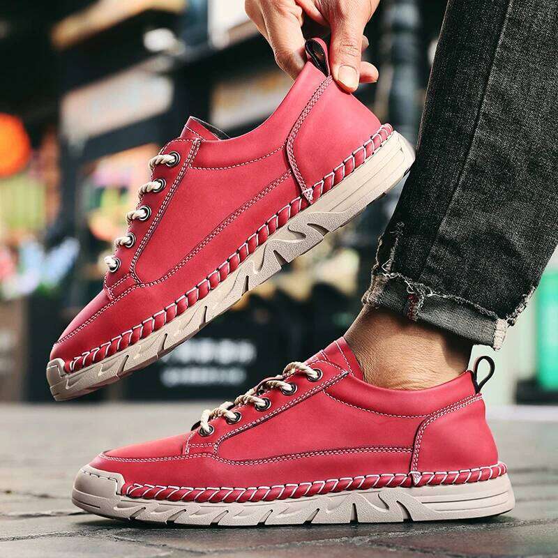 2025 New Men's Casual Shoes Hand-Stitched Leather Lace-Up Non-Slip Thick Sole Comfortable Outdoor Trendy Fashion Male Footwear