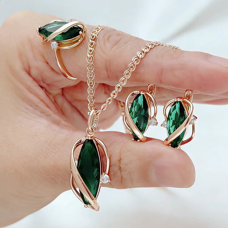 Kinel Shiny Green Natural Zircon Jewelry Sets for Woman Fashion 585 Rose Gold Color Ring Earrings Necklace 3Pcs Vintage 260207