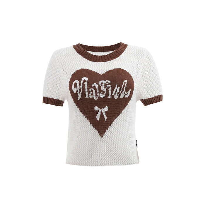 American-Style Y2k Hollow-Out Heart-Shaped Knit Top, Short-Sleeved, Sexy, Slim-Fit, Niche, High-End Feel Top