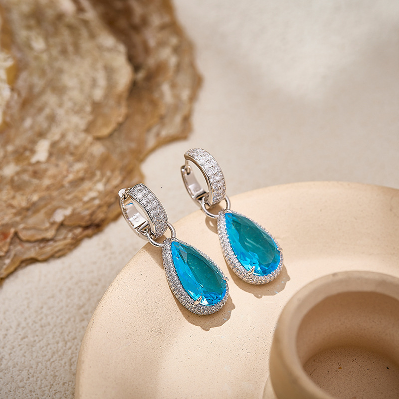 Earrings New Aquamarine Pear-Shaped Earrings With Gold-Plated Setting And Water Drop Main Diamond Earrings , Offering A Light Luxury Feel, Suitable Fo