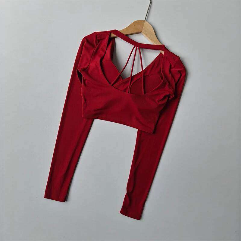 Women's Sexy V-neck Long Sleeve Yoga T-shirt less Slimming Padded Pilates Top Short Sports Cover for Fitness Shirt 26Y0224