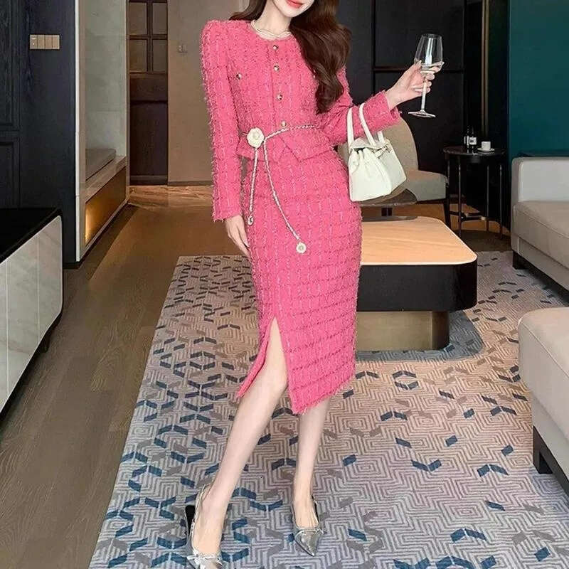 Women's Tweed Tracksuit Set Cropped Jacket High Waist Skirt Suit for Spring and Autumn Fashion