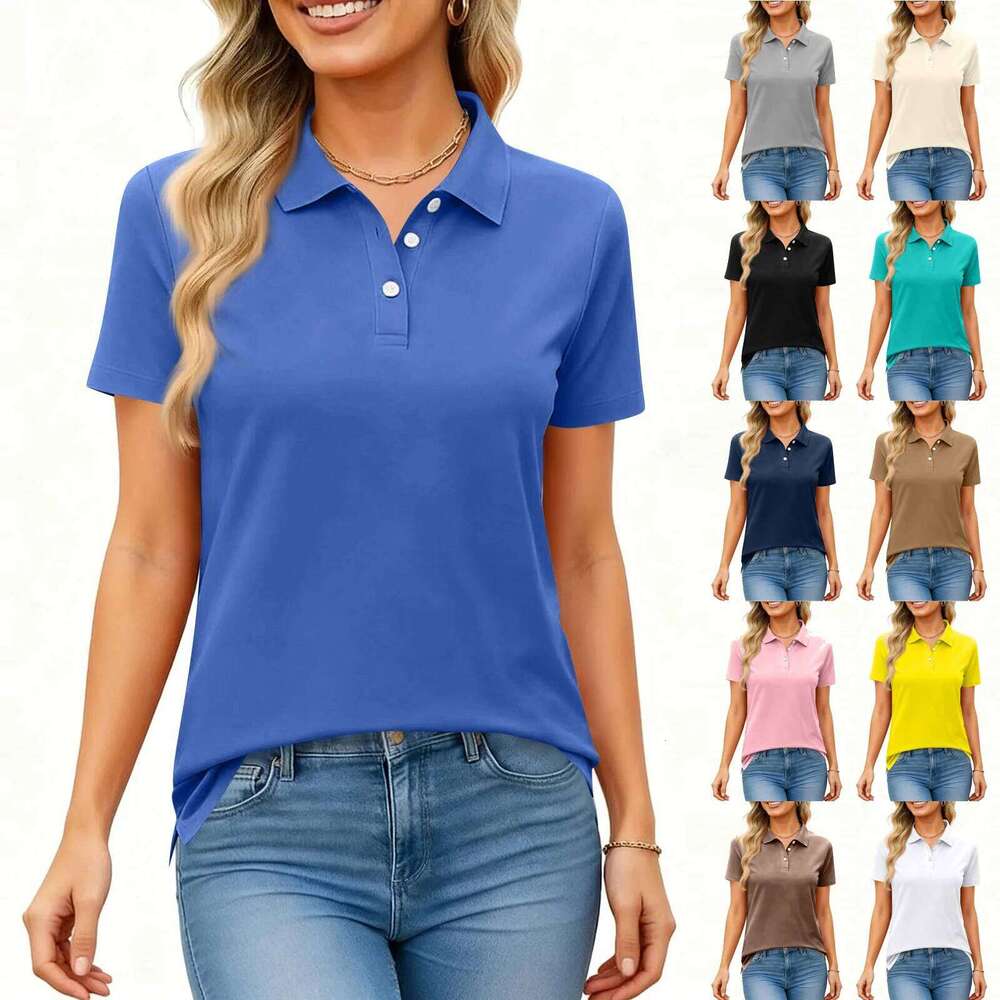 Fashion Casual Polo Shirt Short Sleeve Solid Color Button Placket Side Slits Stylish Comfortable Daily Wear Loose Fit Blouse Top 26W0224
