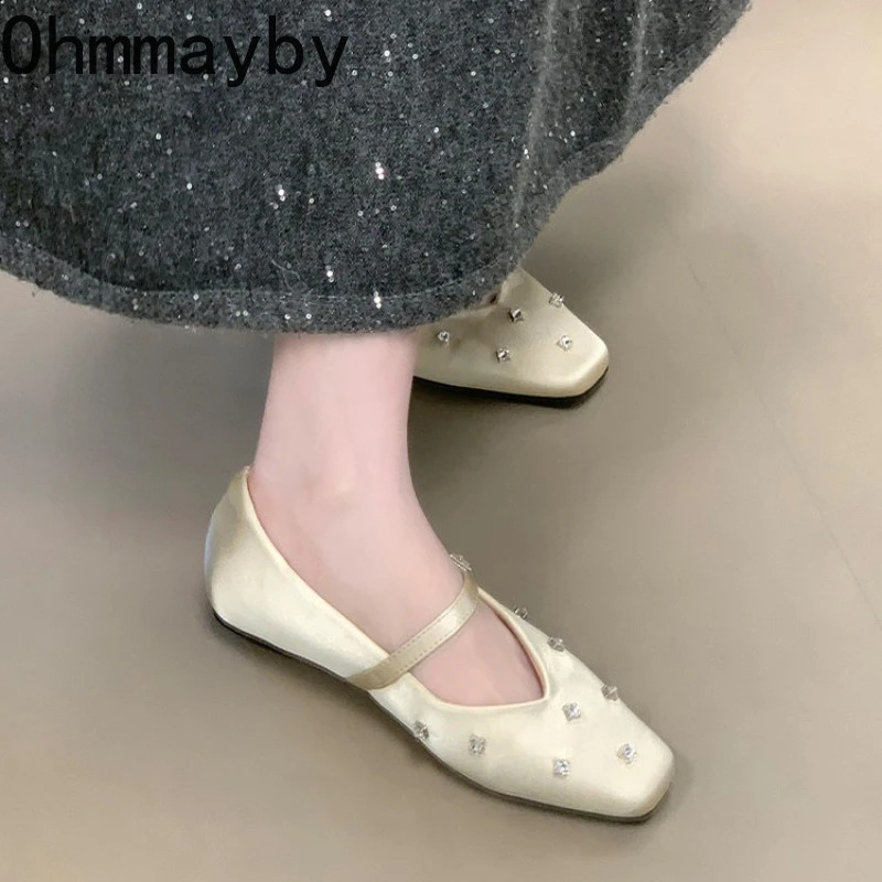 Crystal Square Toe Women Ballet Flats Ladies Elegant Dress Mary Jane Shoes 2026 Spring Autumn Concise Zapatos De Mujer 260130