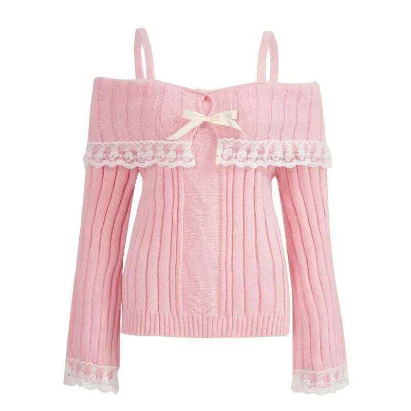 Women Off Shoulder Knit Sweater Pink Pullover Sweet Pullovers Long Sleeve Bow Lace Patchwork Jumpers Y2k Streetwear 26L0224