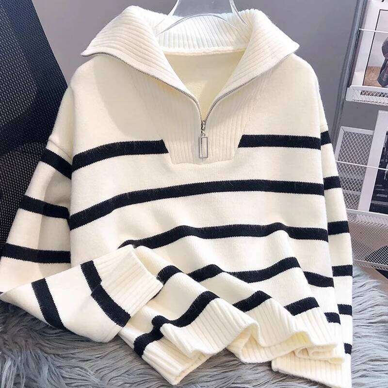 Autumn Winter Fashion Striped Zippered Lapel Long Sleeve Loose Casual Knitted Sweater For Women 26L0224