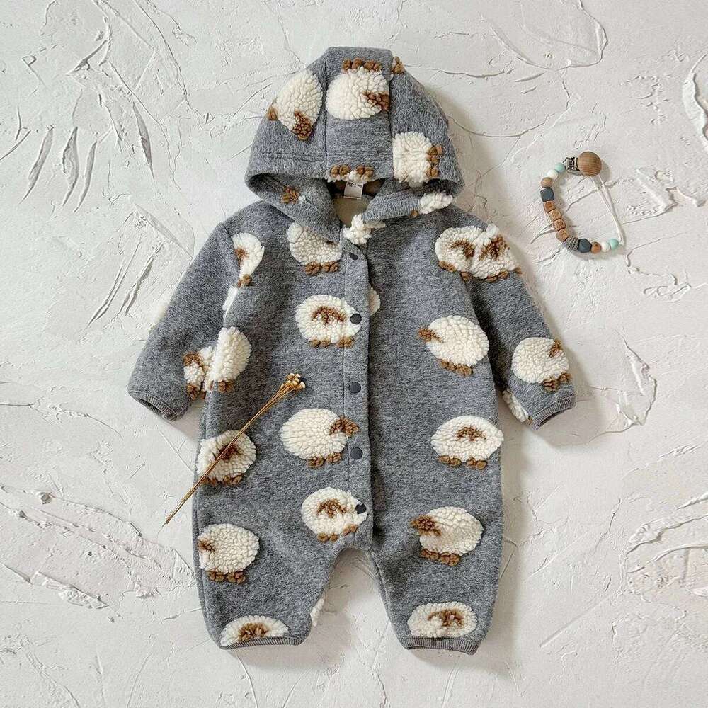 Plush Fashion Lamb Embroidered Jumpsuit Winter New Girls Boys Baby Long Sleeved Crawling Suit Thickened 26Y0224