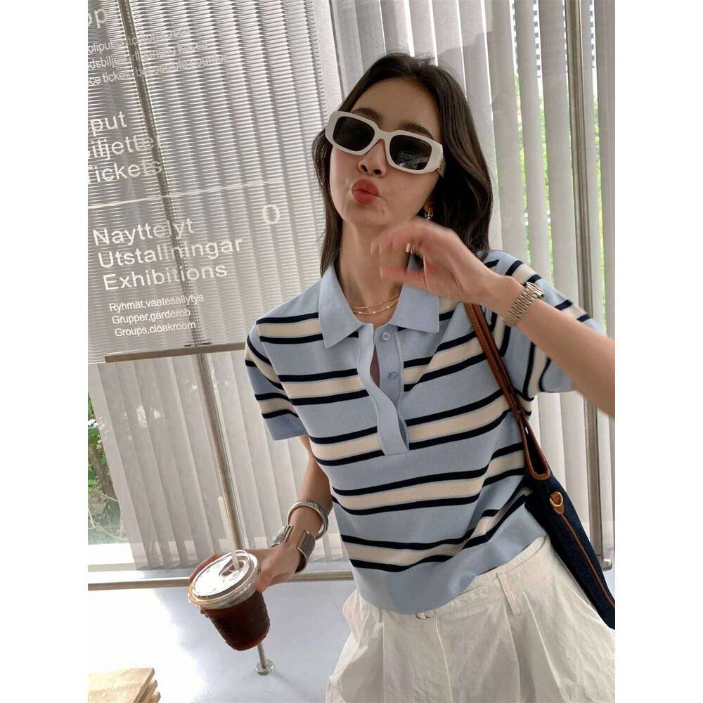 2025 Classic POLO collar Design Pure Lyocell Pullover Women's knitted Short sleeves Sweater High-quality Multi-color Stripes Top 26W0224