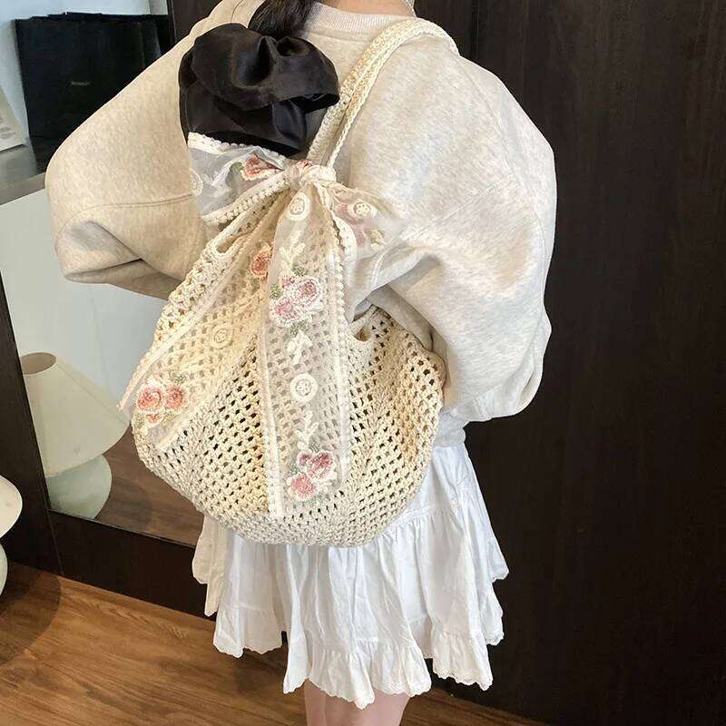 Solid Crochet Tote Handbag Summer Beach Fashion Women's Mesh Woven Shoulder Bags Large Capacity Knitting Underarm Bag Z260224