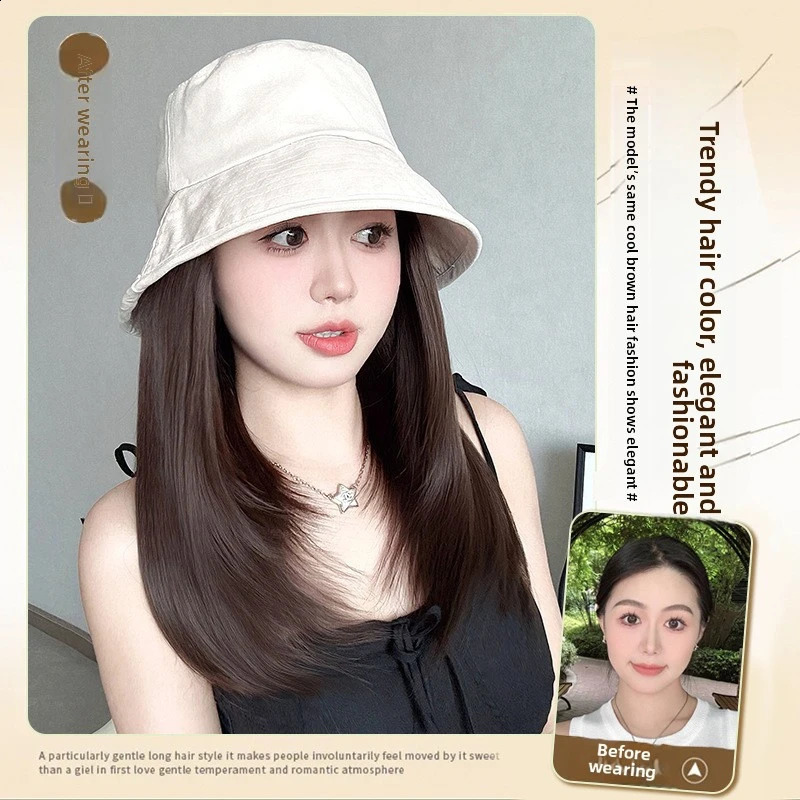 Hat Wig Female Natural Fashion Sun-Proof Bucket Hat Straight Hair Synthetic Wig Full-Head wigs for women 260207
