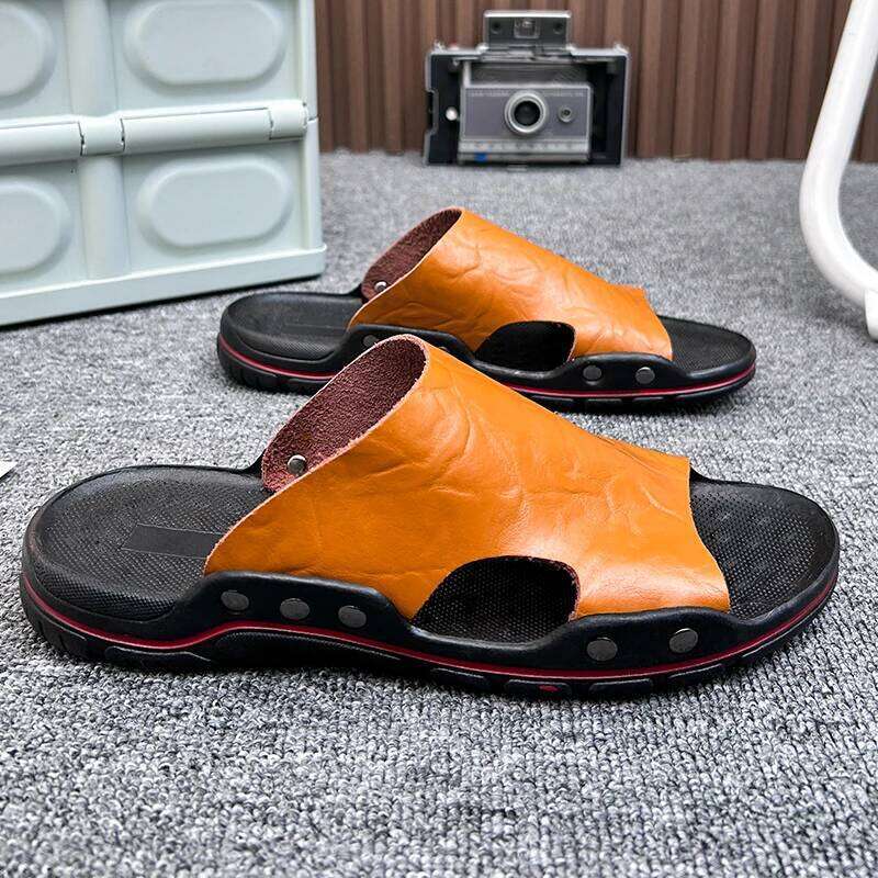 MAEDEF Men's Slippers Fashionable Sandals Home Shoes Non-slip Flats Slides Sandal for Men Leather Slipper Male Indoor Flip Flops