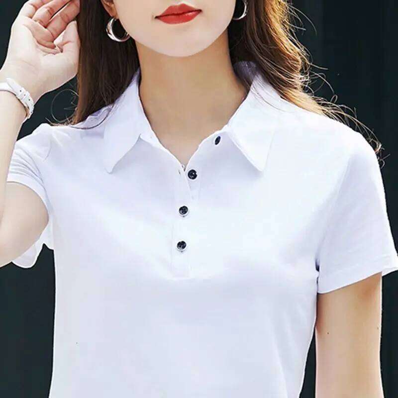 Female Tee Slim 100 Cotton Plain Button Women's Polo Korean Clothing Goth T-shirts Elegant Cheap Aesthetic Hot Sales Emo Kpop 26W0224