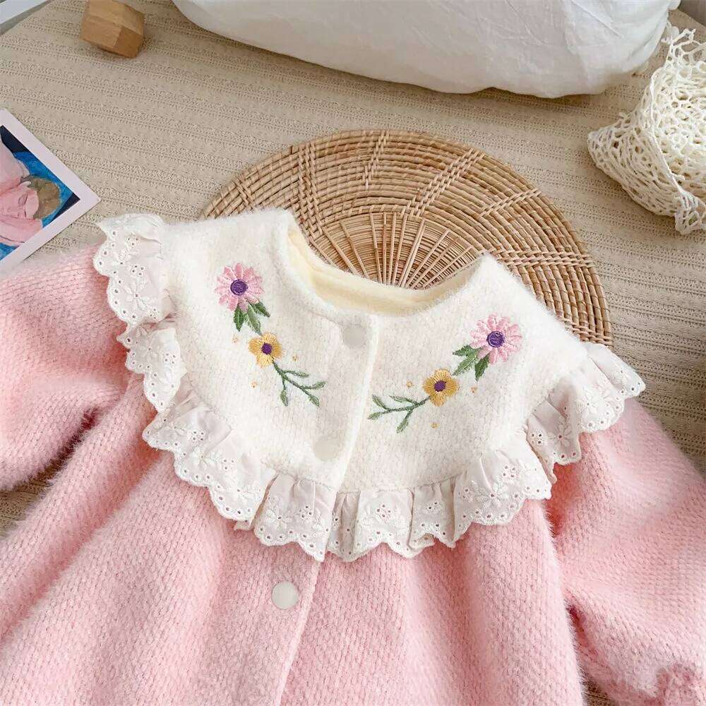 Baby Flower Embroidery Lace Clothes Autumn Winter Korean with Thick Velvet Cute Sweet and Warm Rompers 26H0224