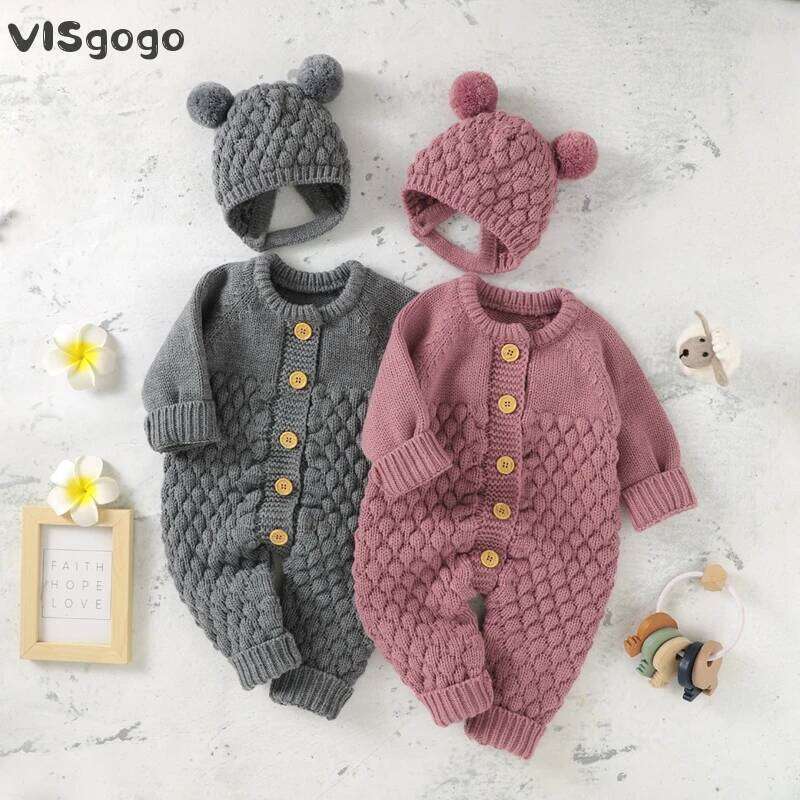 VISgogo 2PCS Baby Fall Winter Clothes Outfits Infant Boys Girls Jumpsuit Long Sleeve Solid Color Knitted Romper + Bear Hat Set 26Y0224