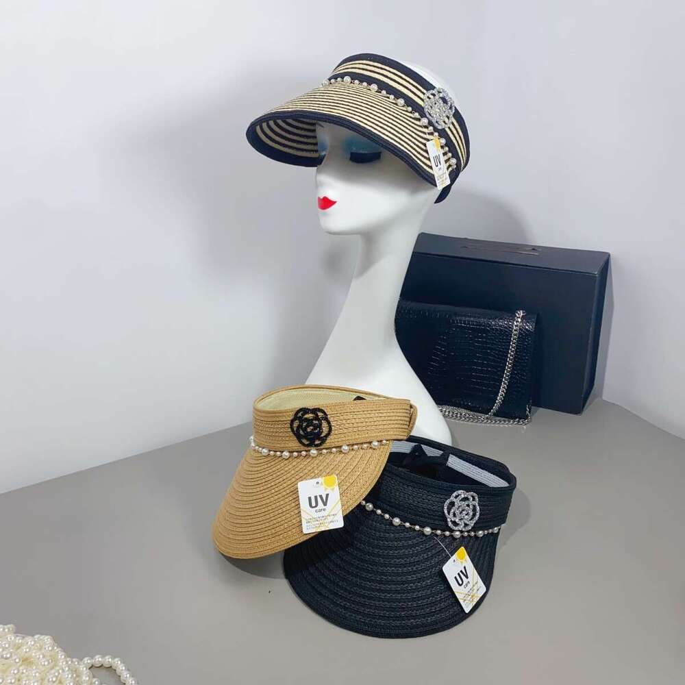 Pearl-embroidered straw sun hat Women's fashionable style Sun protection Suitable for water sports and pool parties