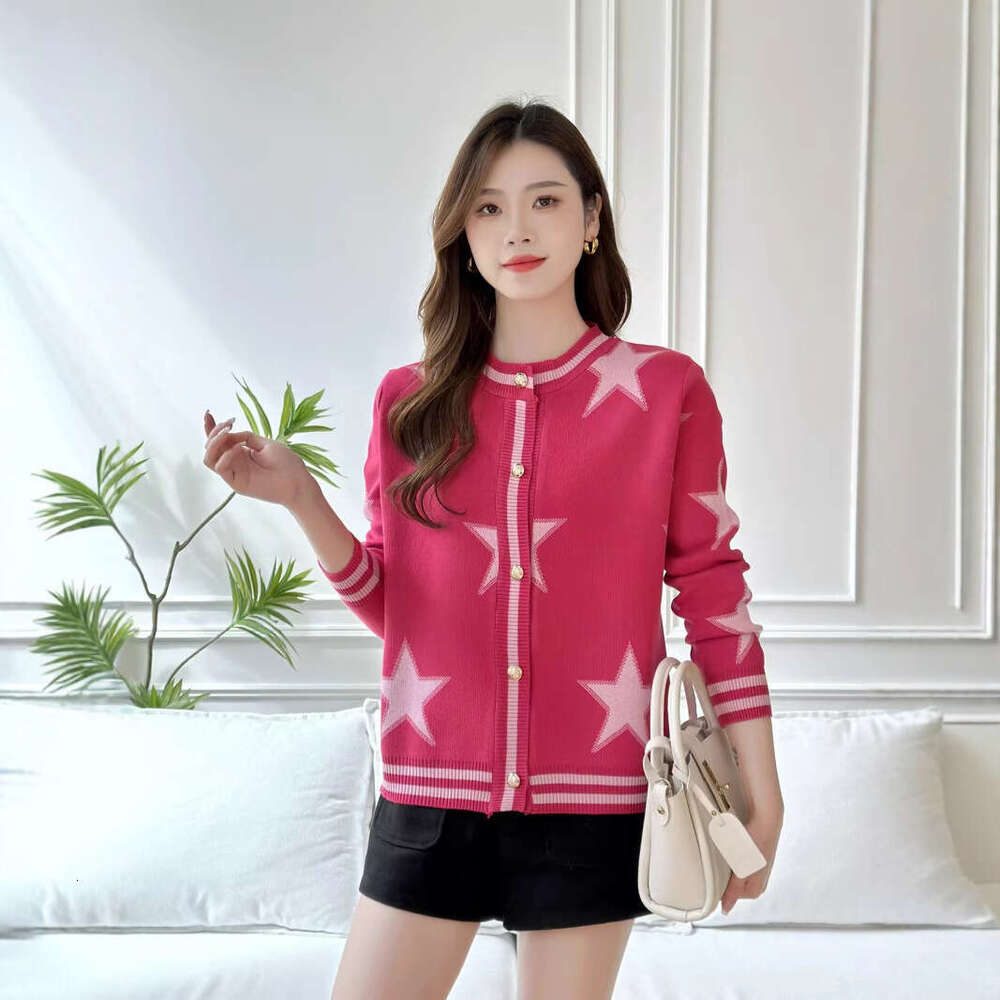 High-End Niche Designer Lazy Style Color-Block Five-Pointed Star Knitted Cardigan Fashion Versatile Slimming