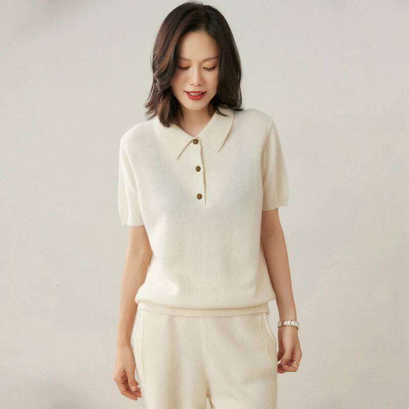 100% pure cashmere pullover short sleeved autumn/winter new women's T-shirt casual solid color knitted sweater POLO collar Tops 26W0224