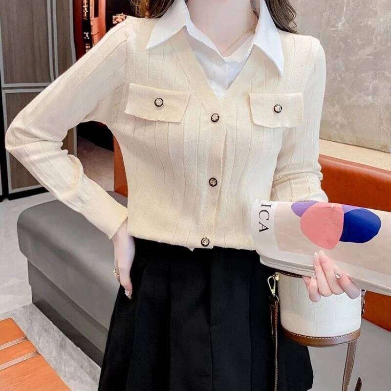 Preppy Style Fake Two-piece Patchwork Pullovers Autumn Winter Polo Neck Long Sleeve Office Sweaters Fashion Trend Women Clothing 26W0224