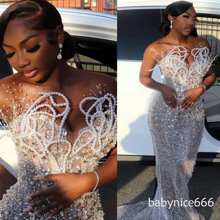 Aso Ebi 2026 Ivory Illusion Mermaid Prom Dresses Crystals Pearls Sequined Evening Formal Party Second Reception Birthday Gowns Dress For Special Ocns 