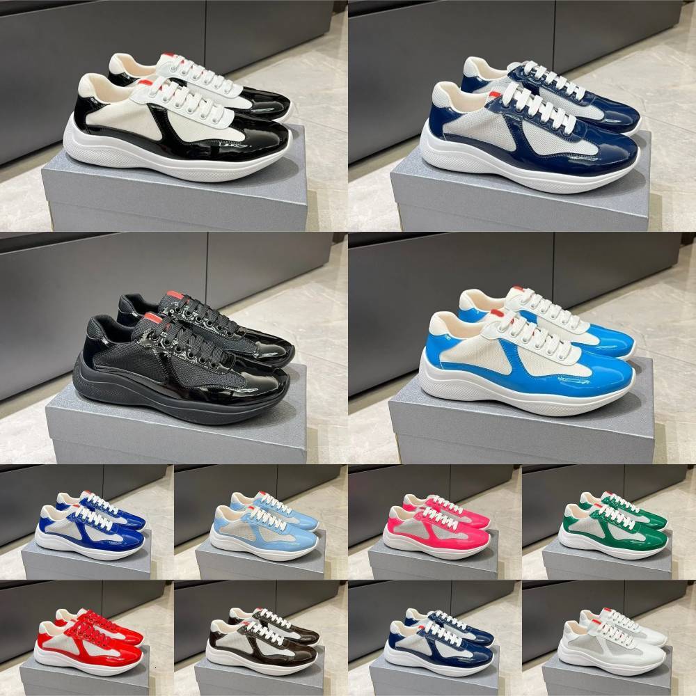 Designer Americas Cup Sports Casual Shoes Men Women Patent Leather And Technical Fabric Runner Flat Sneakers Black White Blue Red Grey Rubber Sole Outdoor Trainers